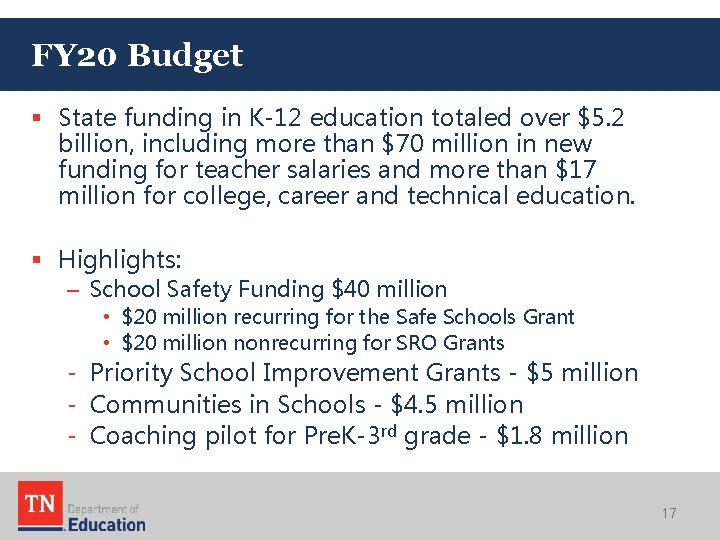 FY 20 Budget § State funding in K-12 education totaled over $5. 2 billion,