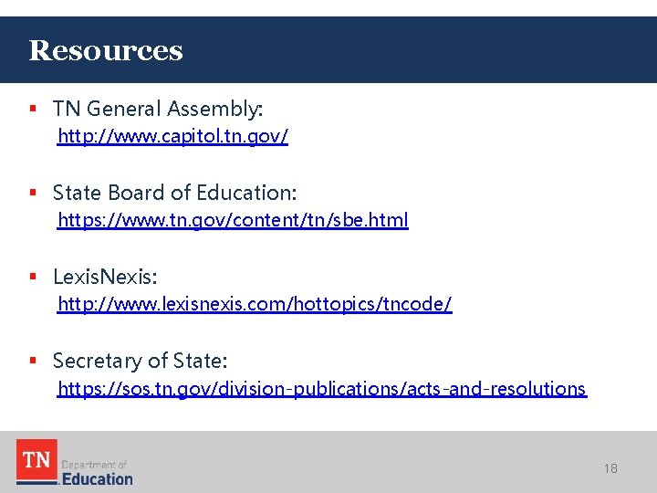 Resources § TN General Assembly: http: //www. capitol. tn. gov/ § State Board of