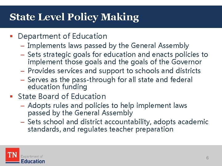 State Level Policy Making § Department of Education – Implements laws passed by the