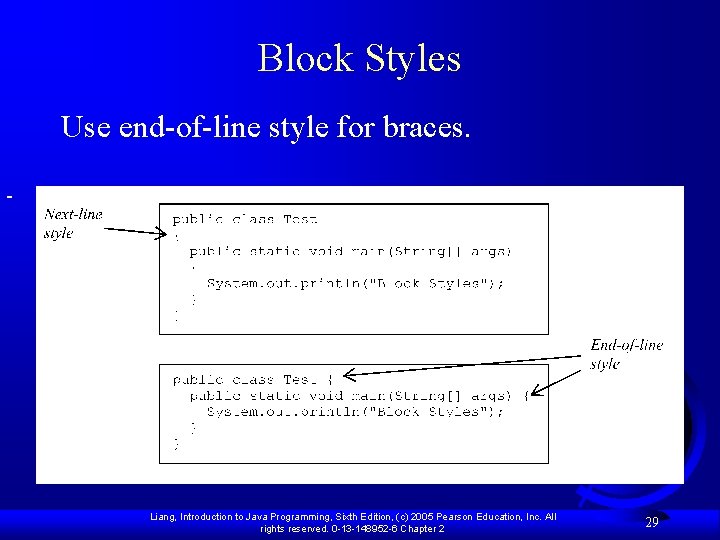 Block Styles Use end-of-line style for braces. Liang, Introduction to Java Programming, Sixth Edition,