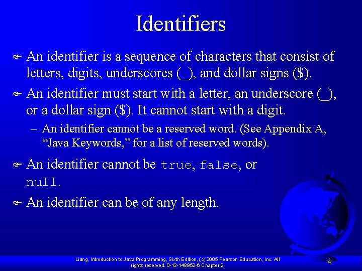 Identifiers An identifier is a sequence of characters that consist of letters, digits, underscores