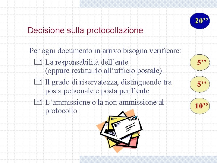 20’’ Decisione sulla protocollazione Per ogni documento in arrivo bisogna verificare: + La responsabilità 20’’ Decisione sulla protocollazione Per ogni documento in arrivo bisogna verificare: + La responsabilità