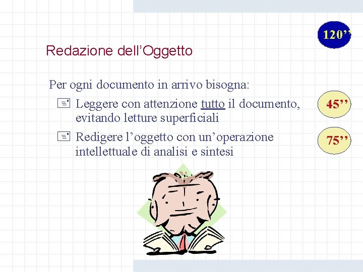 120’’ Redazione dell’Oggetto Per ogni documento in arrivo bisogna: + Leggere con attenzione tutto 120’’ Redazione dell’Oggetto Per ogni documento in arrivo bisogna: + Leggere con attenzione tutto