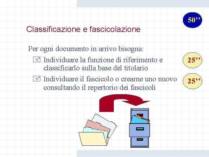 50’’ Classificazione e fascicolazione Per ogni documento in arrivo bisogna: + Individuare la funzione 50’’ Classificazione e fascicolazione Per ogni documento in arrivo bisogna: + Individuare la funzione
