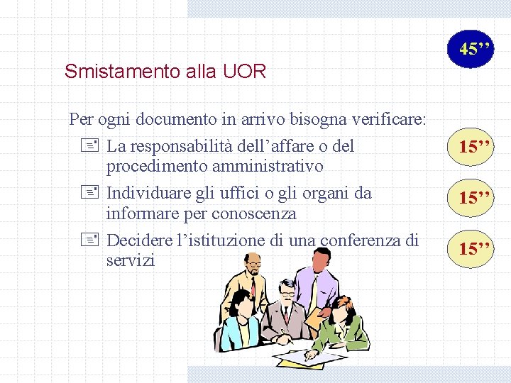 45’’ Smistamento alla UOR Per ogni documento in arrivo bisogna verificare: + La responsabilità 45’’ Smistamento alla UOR Per ogni documento in arrivo bisogna verificare: + La responsabilità