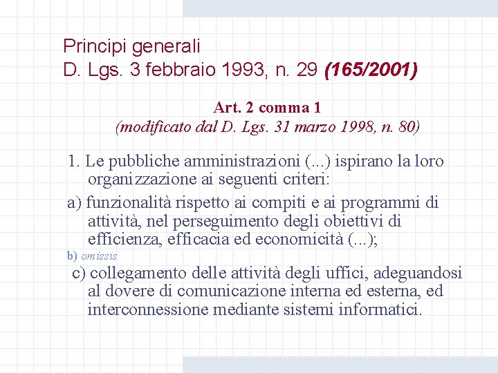 Principi generali D. Lgs. 3 febbraio 1993, n. 29 (165/2001) Art. 2 comma 1 Principi generali D. Lgs. 3 febbraio 1993, n. 29 (165/2001) Art. 2 comma 1