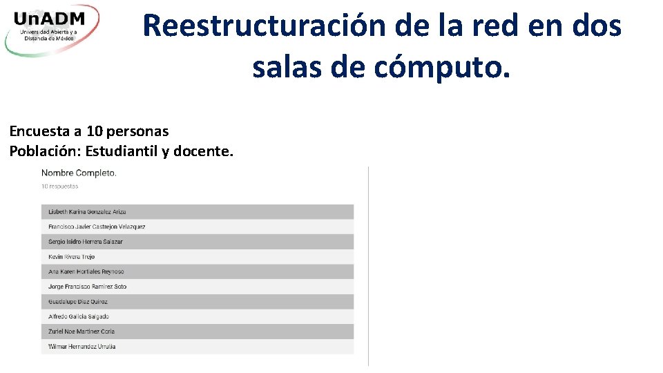 Reestructuración de la red en dos salas de cómputo. Encuesta a 10 personas Población: