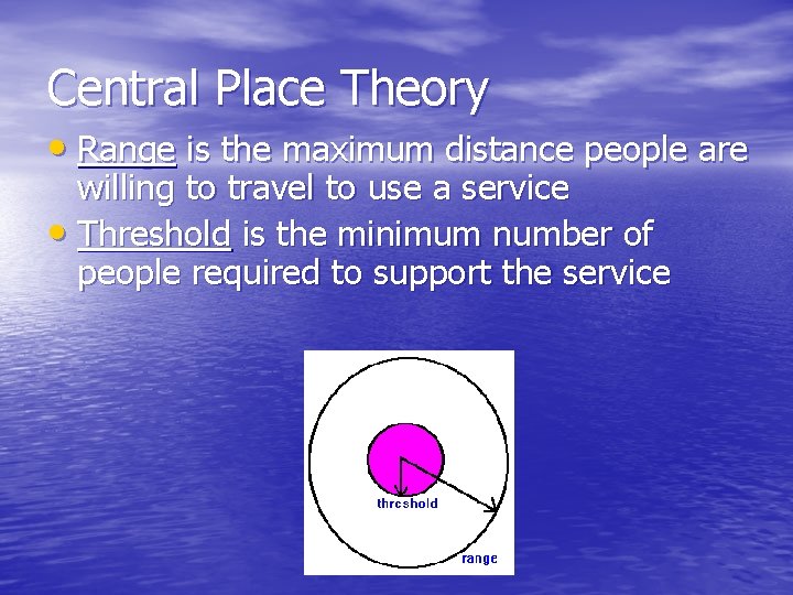 Central Place Theory • Range is the maximum distance people are willing to travel