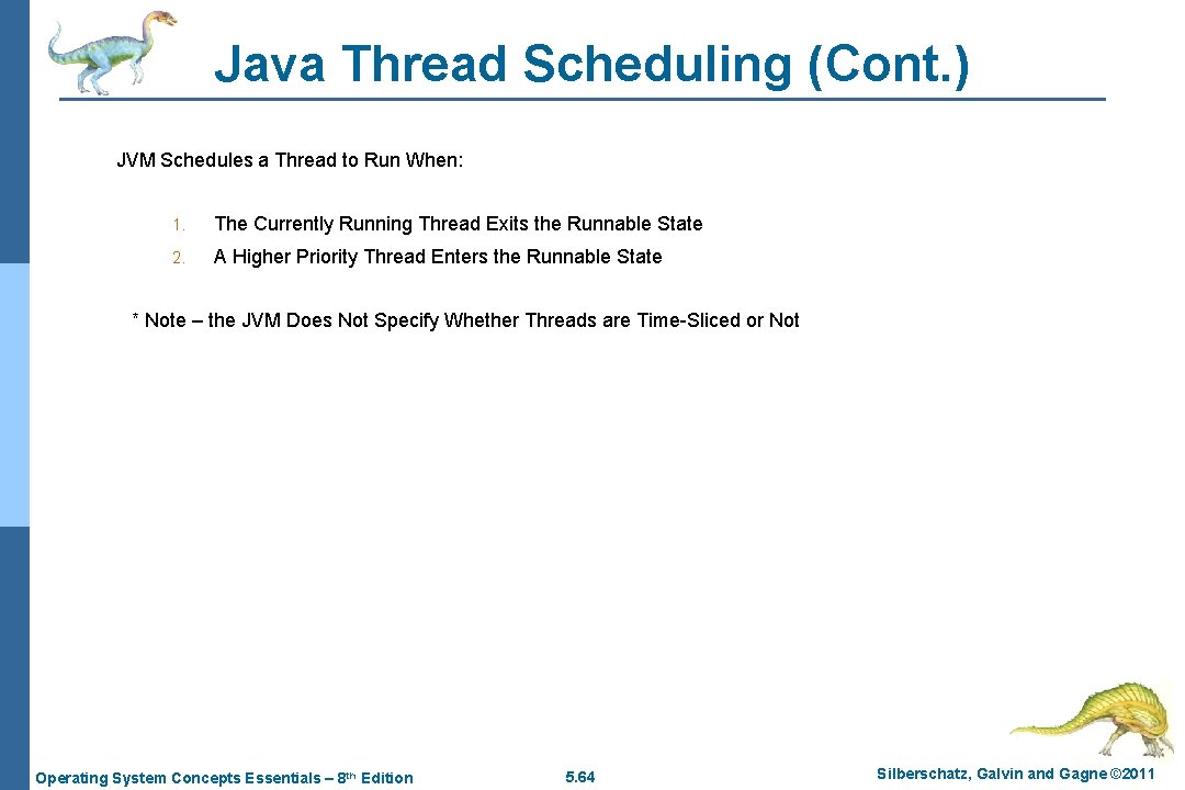Java Thread Scheduling (Cont. ) JVM Schedules a Thread to Run When: 1. The