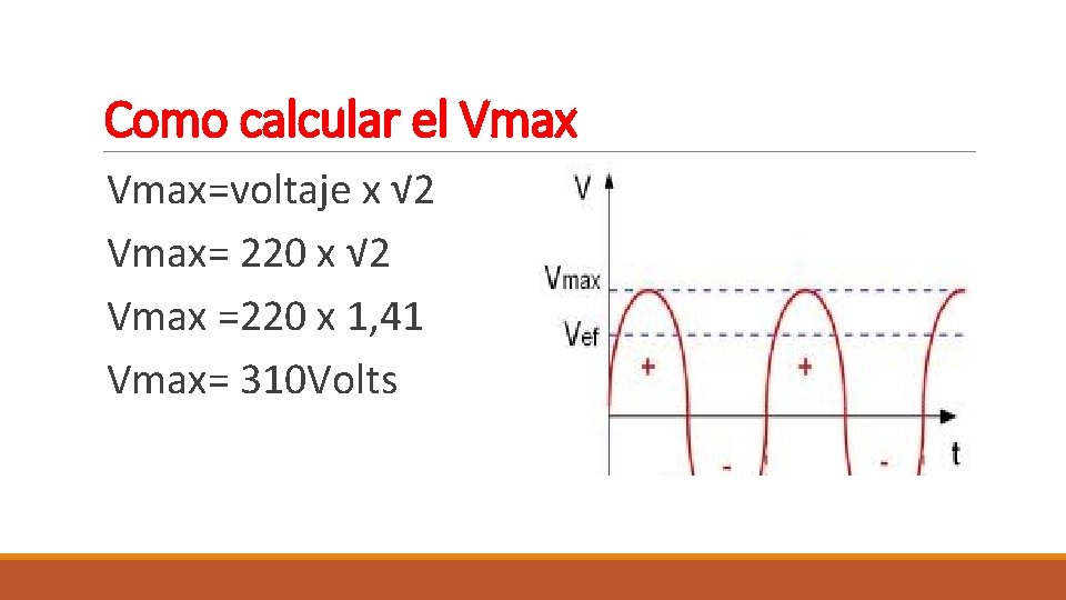 Como calcular el Vmax=voltaje x √ 2 Vmax= 220 x √ 2 Vmax =220