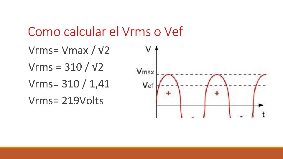 Como calcular el Vrms o Vef Vrms= Vmax / √ 2 Vrms = 310