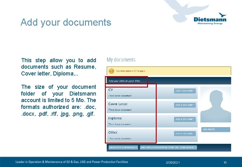 Add your documents This step allow you to add documents such as Resume, Cover