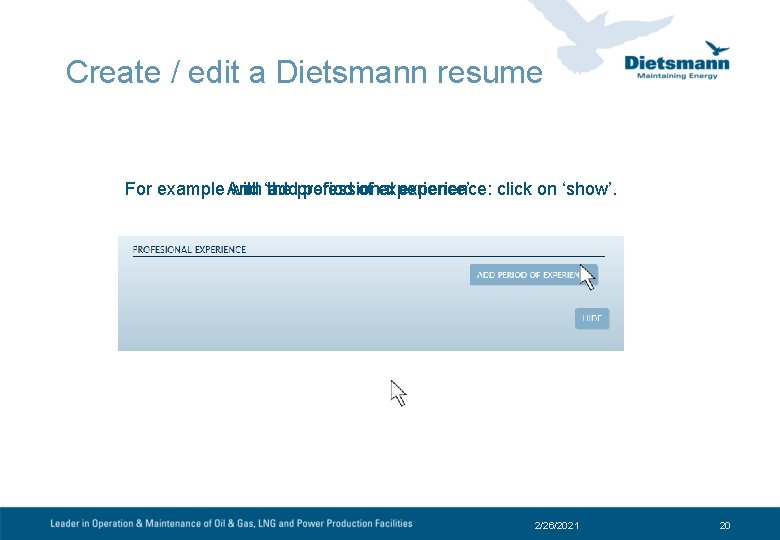 Create / edit a Dietsmann resume For example And with ‘add the professional period