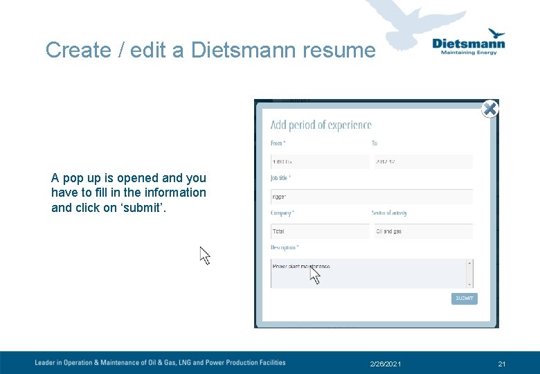 Create / edit a Dietsmann resume A pop up is opened and you have