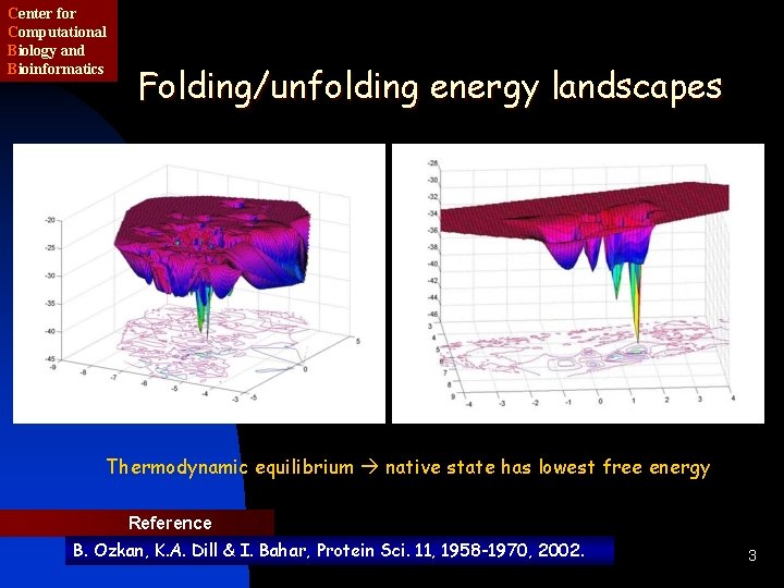 Center for Computational Biology and Bioinformatics Folding/unfolding energy landscapes Thermodynamic equilibrium native state has