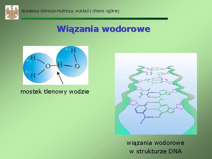 Akademia Górniczo-Hutnicza, wykład z chemii ogólnej Wiązania wodorowe mostek tlenowy wodzie wiązania wodorowe w