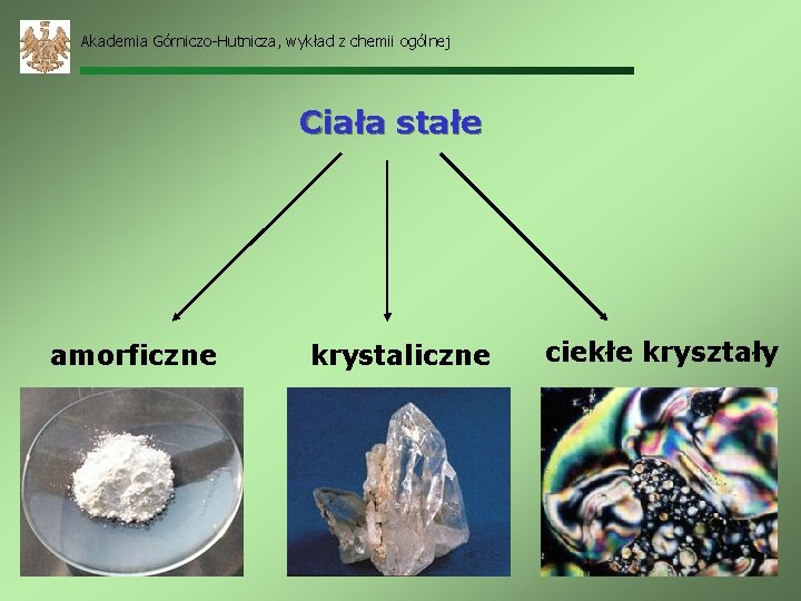 Akademia Górniczo-Hutnicza, wykład z chemii ogólnej Ciała stałe amorficzne krystaliczne ciekłe kryształy 