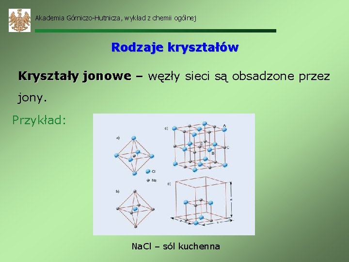 Akademia Górniczo-Hutnicza, wykład z chemii ogólnej Rodzaje kryształów Kryształy jonowe – węzły sieci są