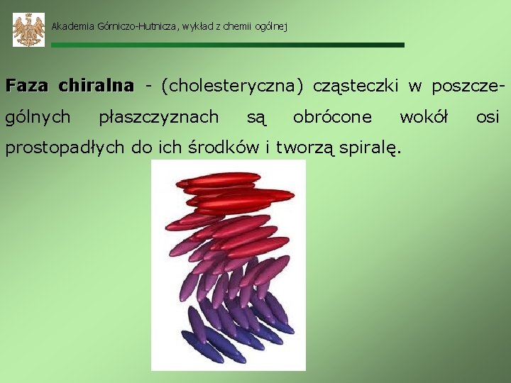Akademia Górniczo-Hutnicza, wykład z chemii ogólnej Faza chiralna - (cholesteryczna) cząsteczki w poszczególnych płaszczyznach