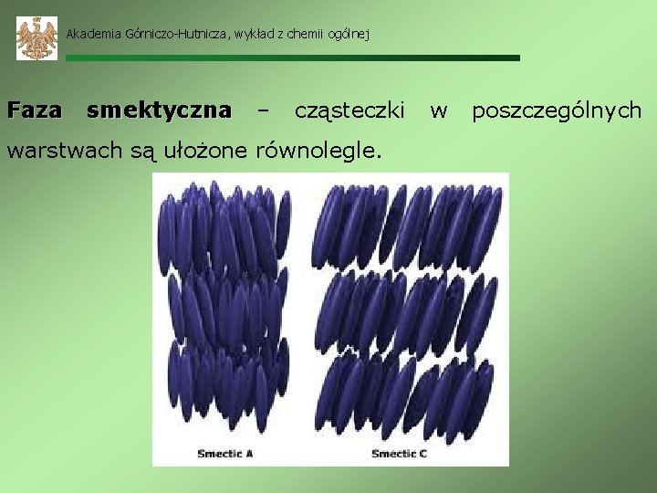 Akademia Górniczo-Hutnicza, wykład z chemii ogólnej Faza smektyczna – cząsteczki warstwach są ułożone równolegle.
