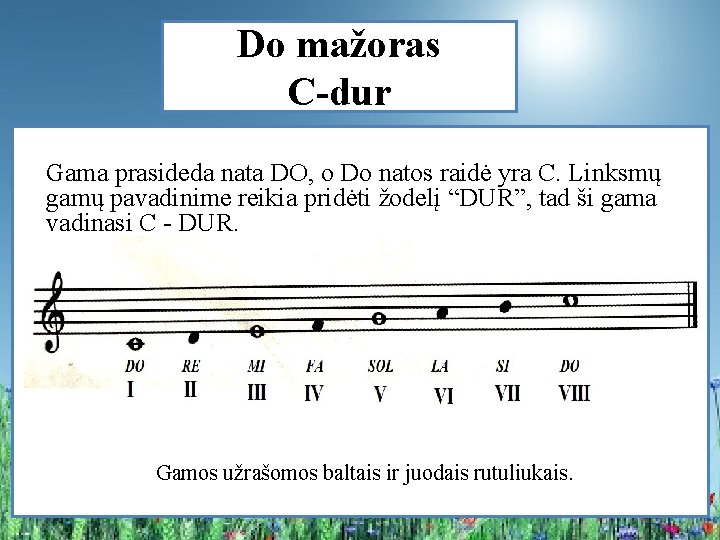 Do mažoras C-dur Gama prasideda nata DO, o Do natos raidė yra C. Linksmų