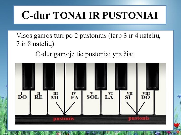 C-dur TONAI IR PUSTONIAI Visos gamos turi po 2 pustonius (tarp 3 ir 4