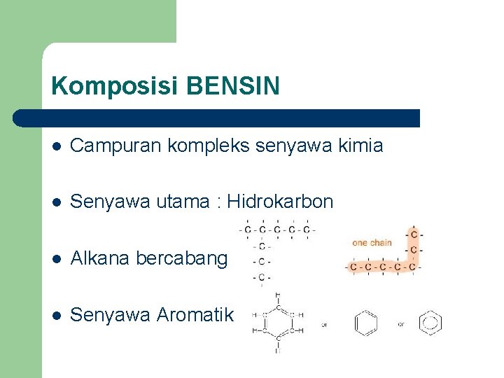 Komposisi BENSIN l Campuran kompleks senyawa kimia l Senyawa utama : Hidrokarbon l Alkana