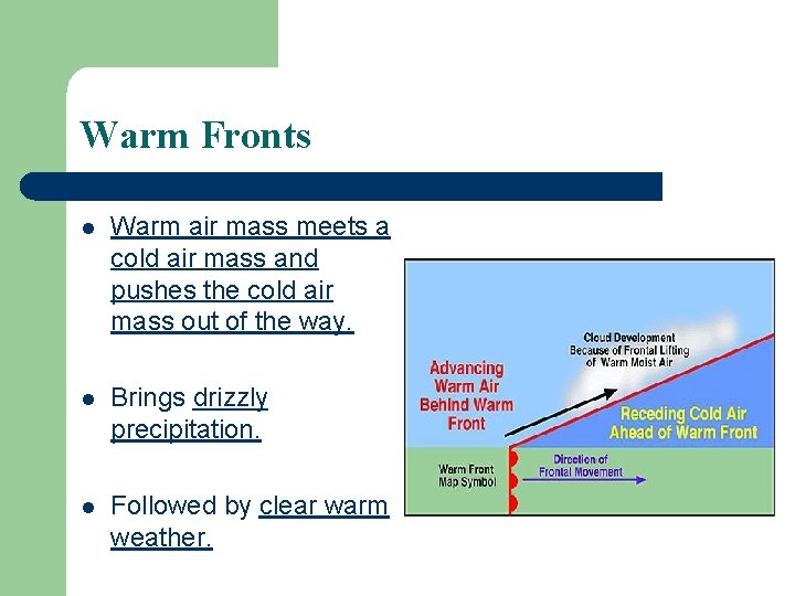 Warm Fronts l Warm air mass meets a cold air mass and pushes the