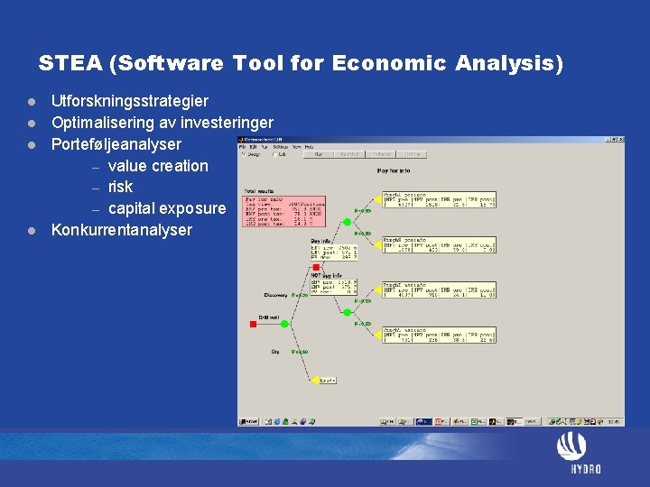 STEA (Software Tool for Economic Analysis) l l Utforskningsstrategier Optimalisering av investeringer Porteføljeanalyser –