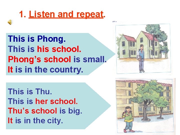 1. Listen and repeat. This is Phong. This is his school. Phong’s school is
