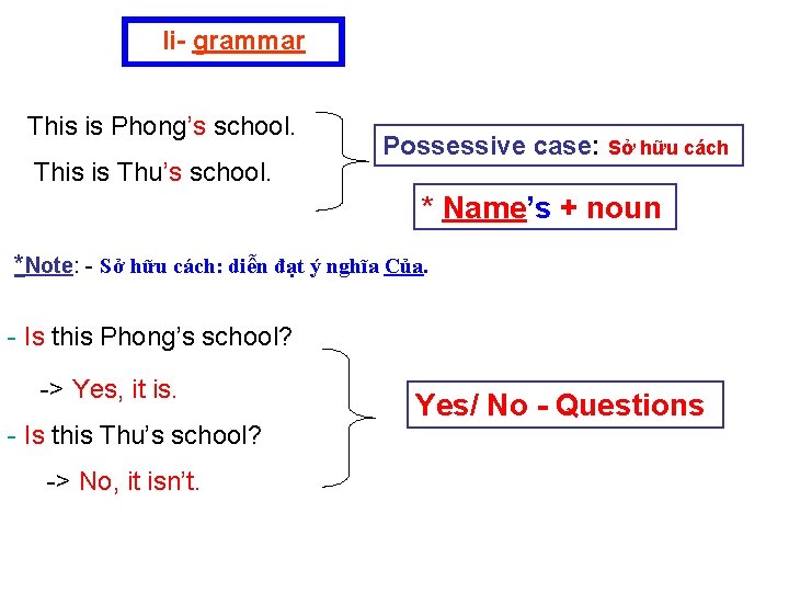 Ii- grammar This is Phong’s school. This is Thu’s school. Possessive case: Sở hữu
