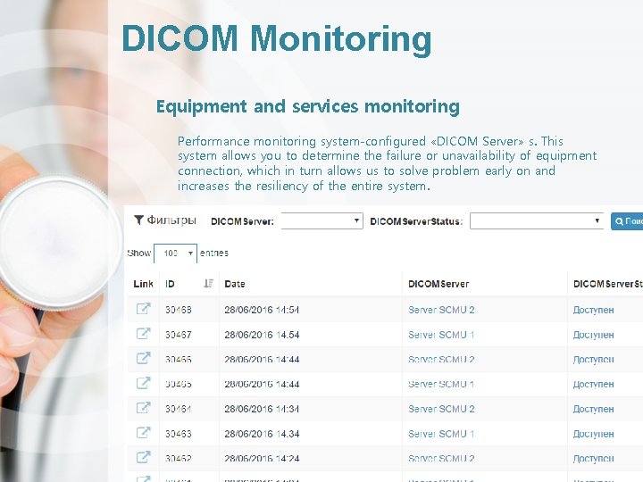 DICOM Monitoring Equipment and services monitoring Performance monitoring system-configured «DICOM Server» s. This system