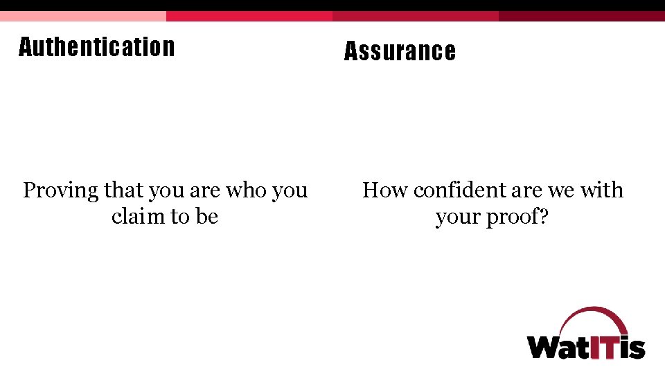 Authentication Proving that you are who you claim to be Assurance How confident are Authentication Proving that you are who you claim to be Assurance How confident are