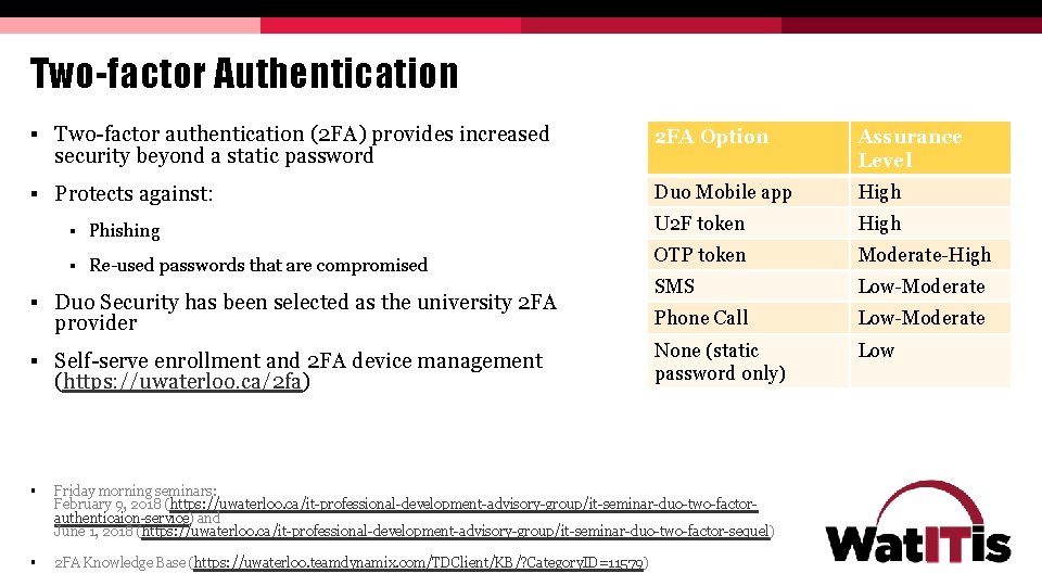 Two-factor Authentication § Two-factor authentication (2 FA) provides increased 2 FA Option Assurance Level Two-factor Authentication § Two-factor authentication (2 FA) provides increased 2 FA Option Assurance Level