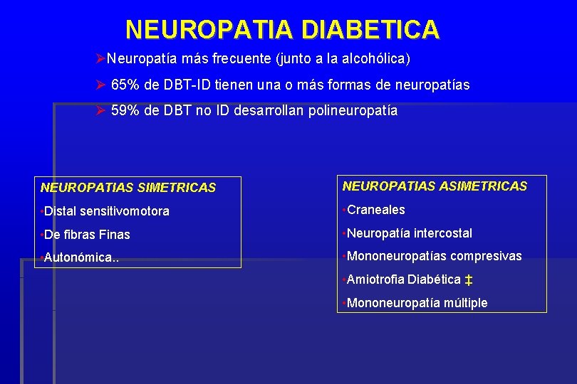 NEUROPATIA DIABETICA Neuropatía más frecuente (junto a la alcohólica) 65% de DBT-ID tienen una