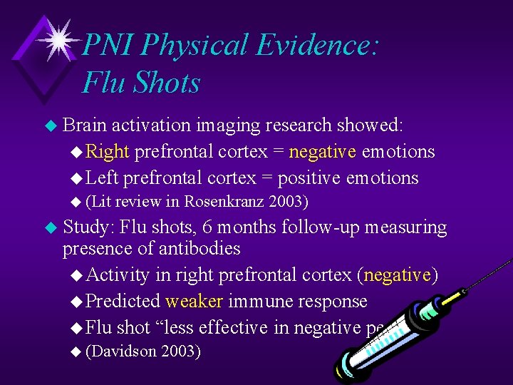 PNI Physical Evidence: Flu Shots u Brain activation imaging research showed: u Right prefrontal