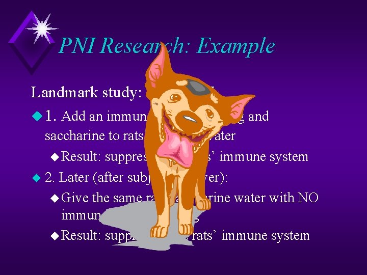 PNI Research: Example Landmark study: Ader 1975 u 1. Add an immunosuppresant drug and