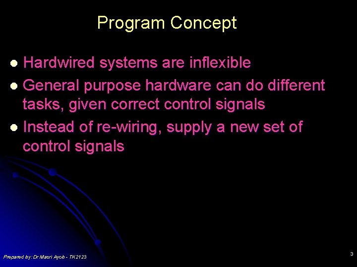 Program Concept Hardwired systems are inflexible l General purpose hardware can do different tasks, Program Concept Hardwired systems are inflexible l General purpose hardware can do different tasks,