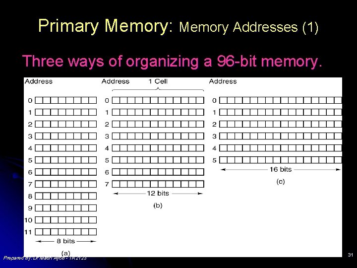 Primary Memory: Memory Addresses (1) Three ways of organizing a 96 -bit memory. Prepared Primary Memory: Memory Addresses (1) Three ways of organizing a 96 -bit memory. Prepared