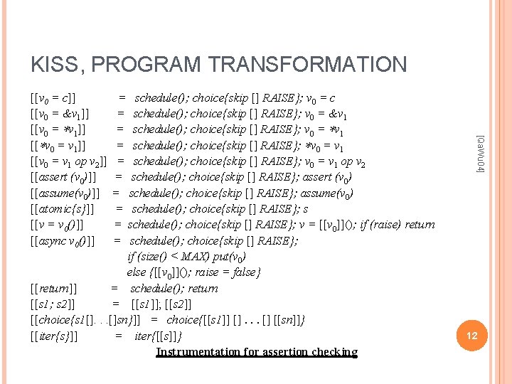 KISS, PROGRAM TRANSFORMATION = schedule(); choice{skip [] RAISE}; v 0 = c = schedule();