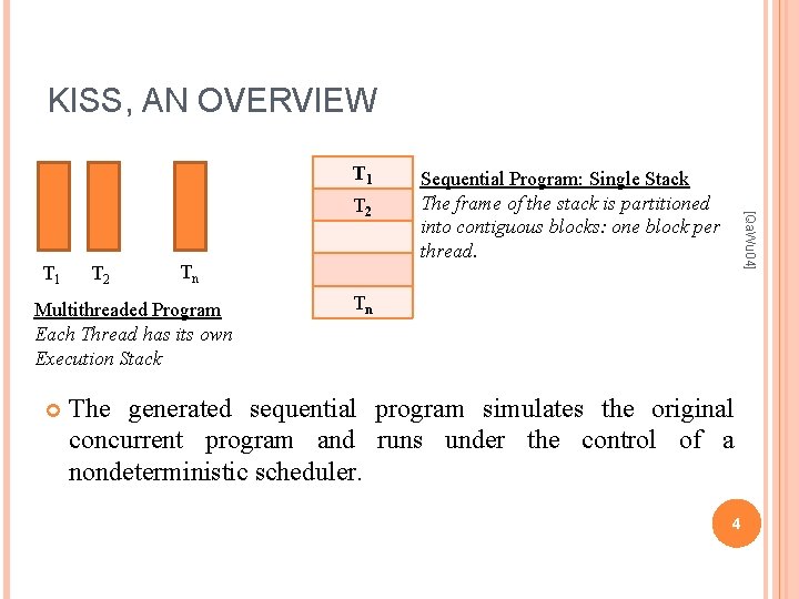 KISS, AN OVERVIEW T 1 T 2 Tn Multithreaded Program Each Thread has its KISS, AN OVERVIEW T 1 T 2 Tn Multithreaded Program Each Thread has its