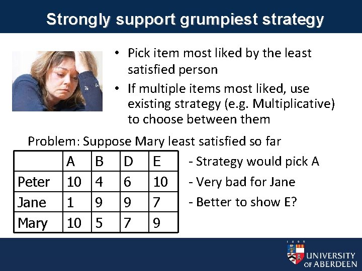 Strongly support grumpiest strategy • Pick item most liked by the least satisfied person