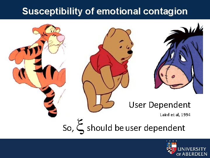 Susceptibility of emotional contagion User Dependent Laird et al, 1994 So, should be user