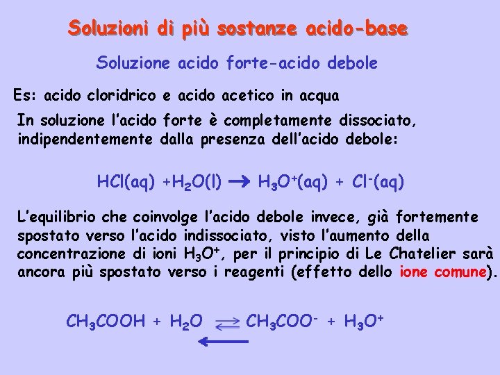 Soluzioni di più sostanze acido-base Soluzione acido forte-acido debole Es: acido cloridrico e acido