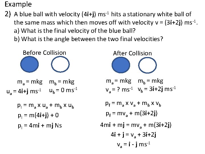 Example 2) A blue ball with velocity (4 i+j) ms-1 hits a stationary white