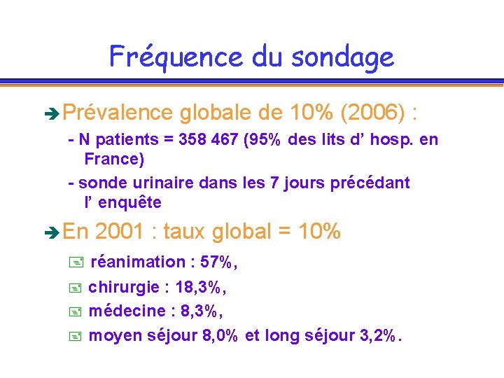 Fréquence du sondage è Prévalence globale de 10% (2006) : - N patients =