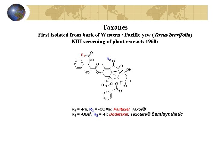 Taxanes First isolated from bark of Western / Pacific yew (Taxus brevifolia) NIH screening