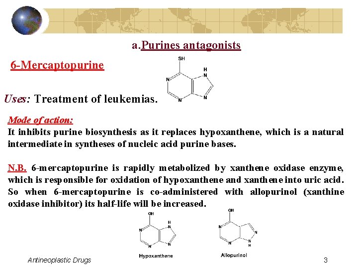 a. Purines antagonists 6 -Mercaptopurine Uses: Treatment of leukemias. Mode of action: It inhibits