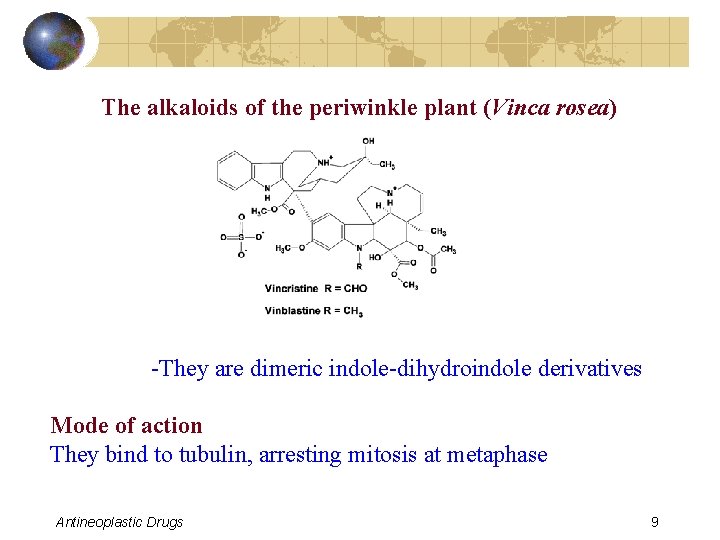 The alkaloids of the periwinkle plant (Vinca rosea) -They are dimeric indole-dihydroindole derivatives Mode