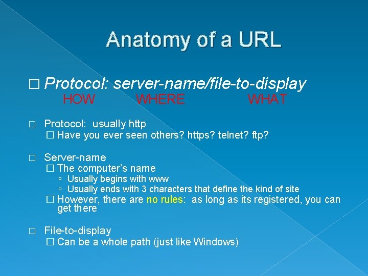 Anatomy of a URL � Protocol: HOW server-name/file-to-display WHERE WHAT � Protocol: usually http